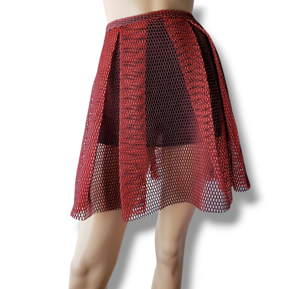 Cherry Mellow Red & Black Iridescent Neoprene Pleated Lasercut Mesh Skirt